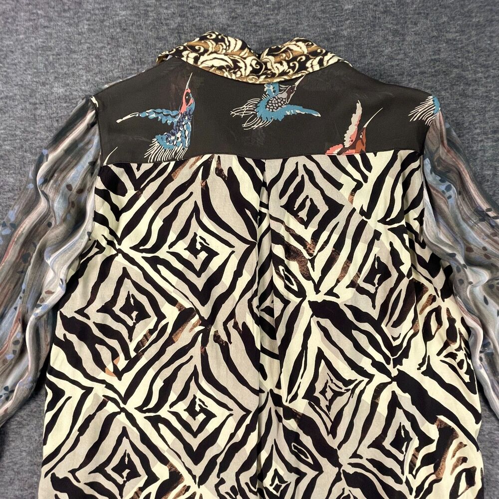 John Mark PM Mixed Print Patchwork Tunic Roll Tab Button Down Blouse Bird Artsy - Picture 12 of 14